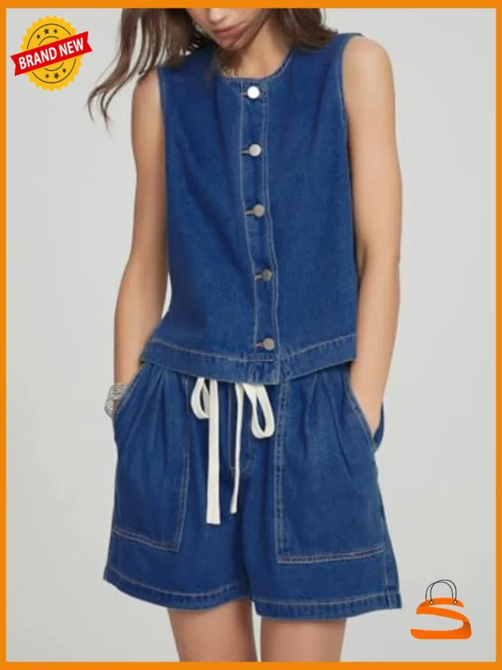 Sleeveless Denim Vest & Baggy Jean Shorts Matching Set